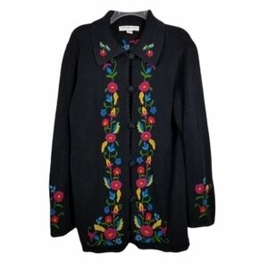 Cardigan Sweater Collar Embroidered Floral Covered Button Long Black Size Large